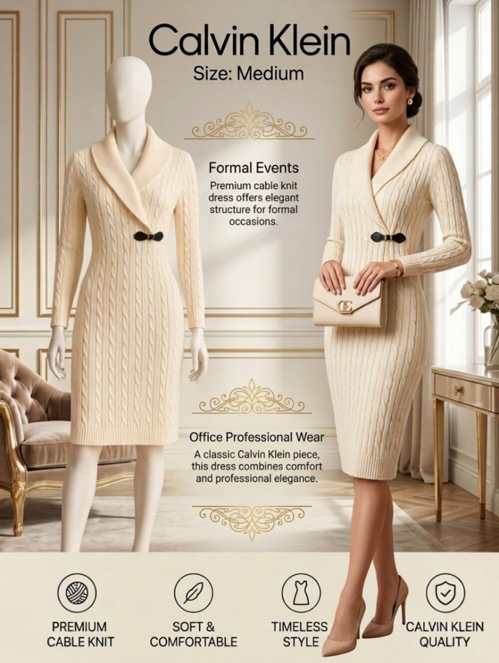 Calvin Klein Ivory Cable Knit Sweater Dress Size Medium Leather Detailing EUC